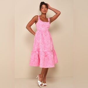 Lulu pink Spanish getaway backless strappy lace up floral rose midi ruffle dress